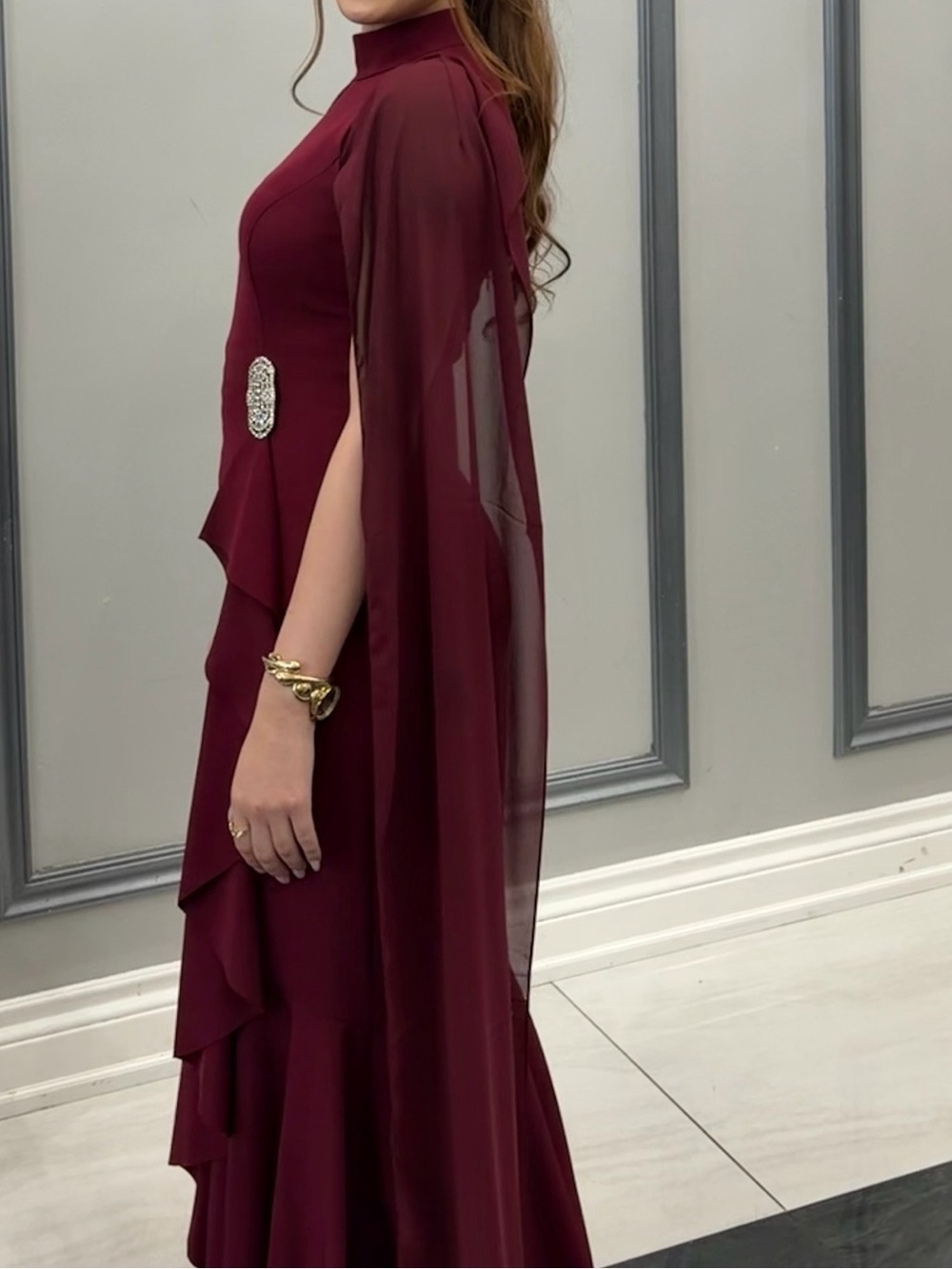 Elegant Burgundy Evening Gown with Cape Detail